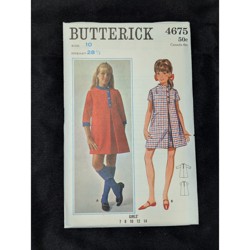 VTG 1968 Butterick 4675 Kids Girls Dress Size 10 Uncut Mod Sewing Pattern